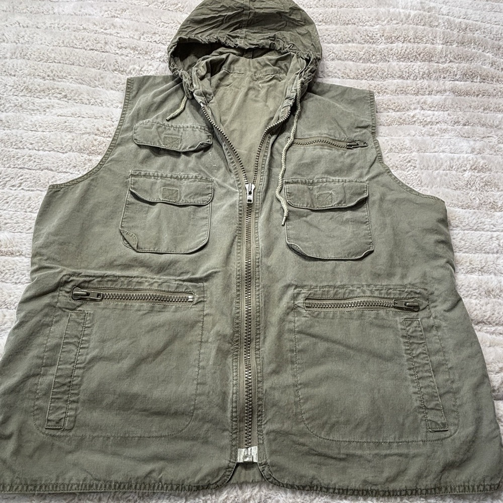 Vintage Safari Vest Olive Green Mens‎ XL Khaki Photographer Stowaway Hood Pack